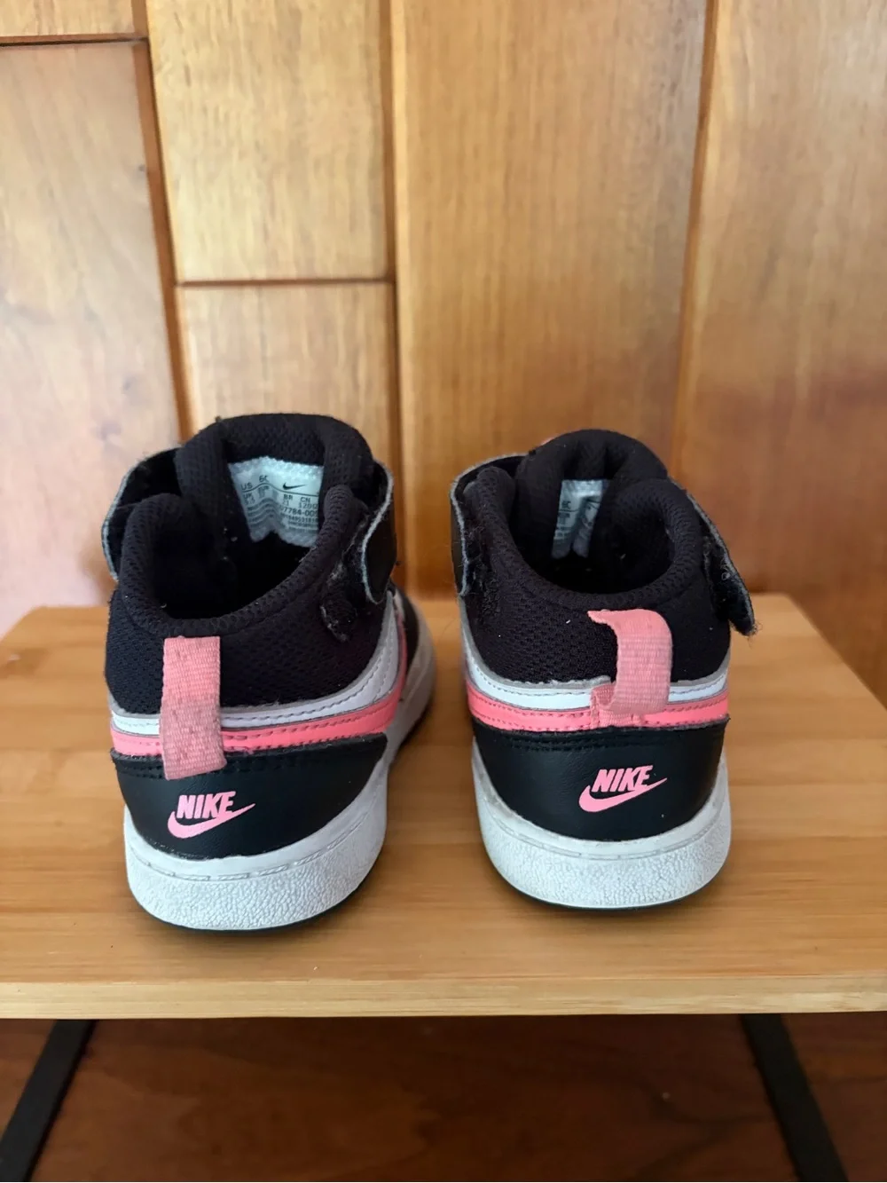Nike Kids Sz 6C Black White Pink Mid-Top Sneakers. Velcro Straps. Baby Girl.